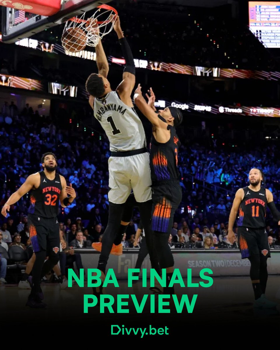 DivvyBet's tweet photo. 🏀 NBA FINALS ARE HERE 🏆

The New York Knicks are chasing their first title since 1973 after emphatically steamrolling the East.

Spurs are trying to launch the NBA's next dynasty after surviving a 7-game war against OKC.

And one player is standing at the center of it all... https://t.co/RNy1n9G4RB