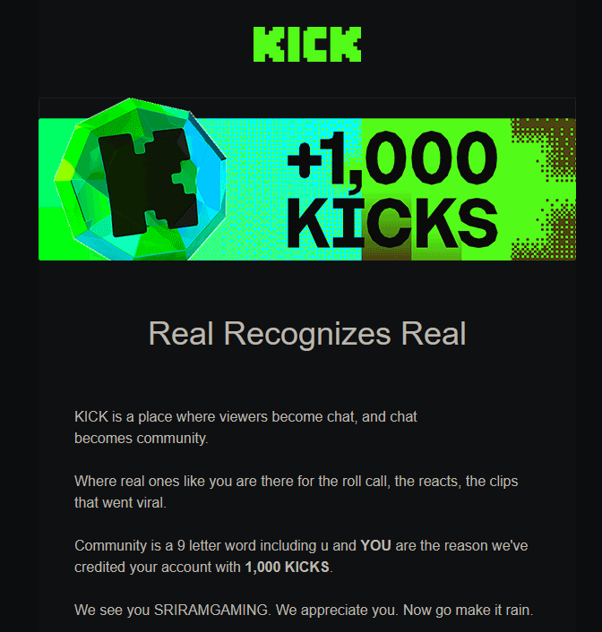 SriramGaming0's tweet photo. Real recognizes real. ๐
Just received 1,000 KICKS from @kick
Huge thank you to everyone who watches, chats, clips, and supports the stream. This wouldn't be possible without you. ๐
W community. W platform. More content coming soon. ๐
#KICK #KickCreator #SRIRAMGAMING ๐ https://t.co/oRqUNsj0JA