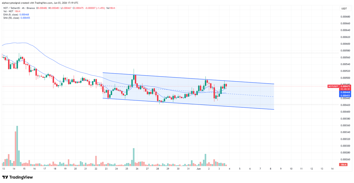 alphacryptosign's tweet photo. Thoughts on #NOT:

$NOT continues to trade inside a descending channel, but recent price action is showing signs of strength as it pushes toward the upper boundary. Buyers have been defending higher lows, suggesting bearish momentum is fading and a breakout attempt could be approaching.

A confirmed break and close above channel resistance would signal a trend reversal for $NOT and open the door for a stronger upside move. Until then, the channel remains the key structure to watch, with a breakout providing the clearest long setup.