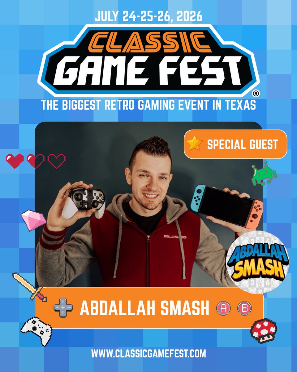 classicgamefest's tweet photo. Abdallah Smash is coming to #CGF2026 July 24-25-26 in Austin, TX!

Nintendo Ambassador, content creator, &amp; fan-favorite @AbdallahNation will be hosting the CGF Costume Contest &amp; Game On Trivia. 

Don't miss your chance to meet him at the BIGGEST retro gaming event in Texas! https://t.co/98jmhdJdxs