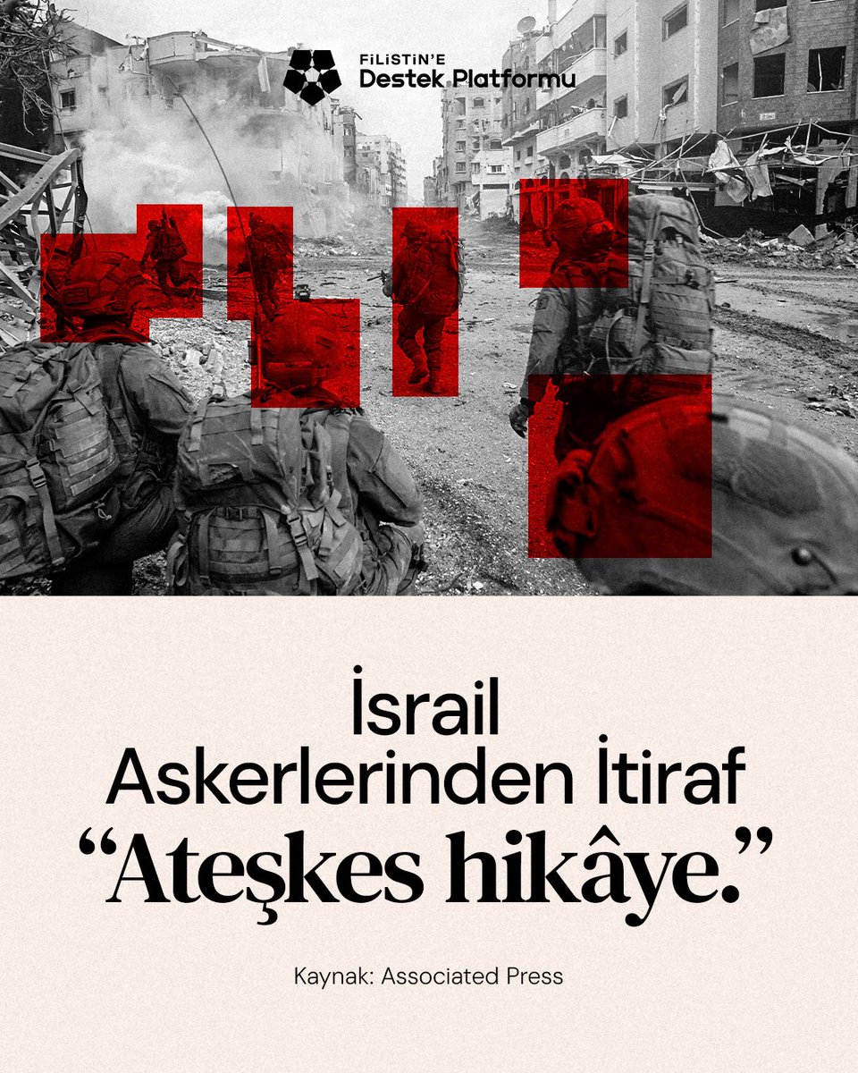 destekfilistine's tweet photo. "Gazze’de ateşkes, sadece bir hikâyeden ibaret." Bunu bizzat Gazze'deki İsrail işgal ordusunun askerleri itiraf ediyor.

ABD merkezli haber ajansı Associated Press (AP), İsrailli yedek askerlerin kan donduran şahitliklerini yayımladı. Askerler, kurulan masaları ve "ateşkes" kelimesini komik bulduklarını, silah arkadaş çevrelerinin hiçbir sebep yokken Filistinli sivilleri katletmekten nasıl zevk aldıklarını açıkça anlatıyor.

Süslü salonlarda diplomatik cümlelerle gizlenmeye çalışılan vahşet, sahada kendi ağızlarından dökülüyor. Dünyanın gözü önünde işlenen bu insanlık suçuna, sessiz kalarak ortak olmayacağız.