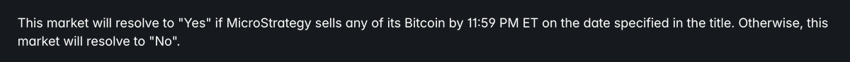 16Capitalism's tweet photo. @0xNapalm Also;

1. The initial market end date is 1st July 2026
2. In their own docs they said "The clarification can not change the fundamental intent of the question"
3. Question in place is "MicroStrategy sells any Bitcoin by 31st May"

Only way is to refund YES or 50/50 odds https://t.co/ctiWN0tg9S