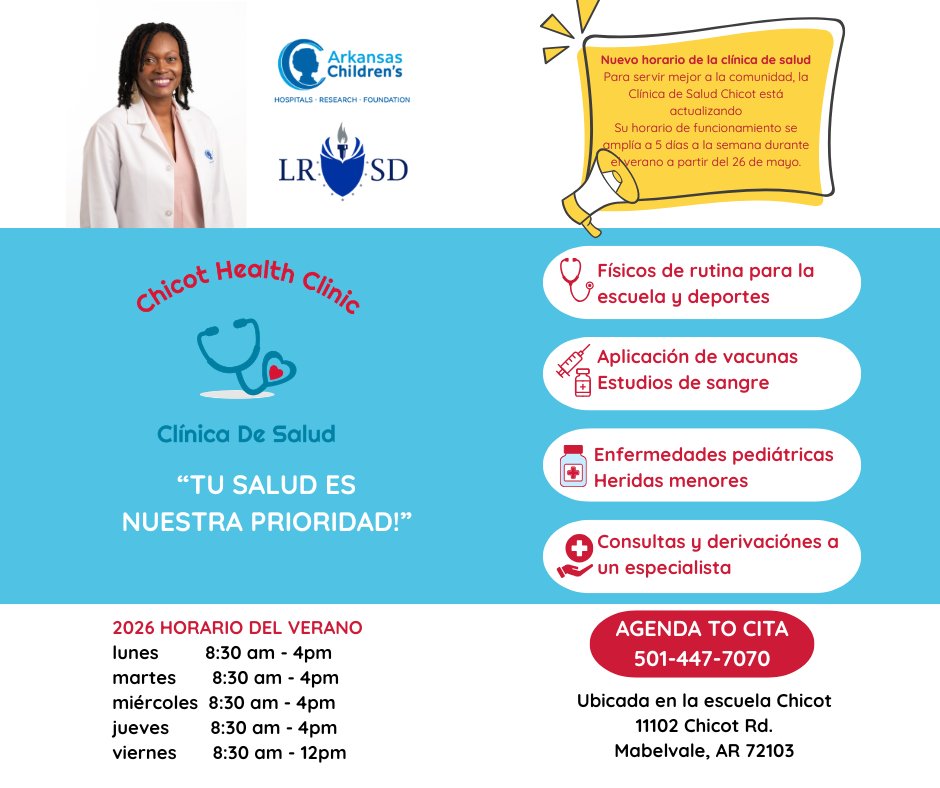 lrsd's tweet photo. 🏥☀️ The Chicot Health Clinic is here all summer to keep students healthy and ready for the year ahead! Sports physicals, vaccines, sick visits, lab work, and more are available Monday–Friday.📞 Schedule an appointment: 501-447-7070. #OneTeamOneDreamOneLRSD https://t.co/EUqhdlq65r