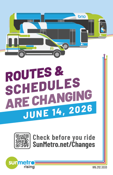 SocorroISD's tweet photo. 🚌 Beginning June 14, Sun Metro will launch Sun Metro Rising, a citywide transit improvement initiative featuring redesigned routes, updated schedules, and better connections across El Paso. Some existing routes may change, impacting current commutes in our #TeamSISD community. Riders are encouraged to review the new routes and schedules now to ensure a smooth trip to school, work, or other destinations. Read more: https://t.co/yhaL7QNDoB