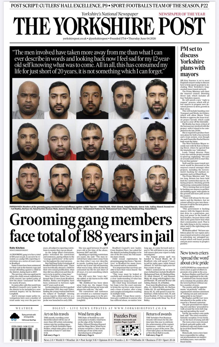 JayMitchinson's tweet photo. 🚨 Reporting restrictions lifted:

Asian paedophile gang jailed for a combined 188 years. 

‘The men involved have taken more away from me than I can ever describe. Looking back, I feel sad for my 12-year-old self.’ 

When will this end? https://t.co/xjnoPX2TIT