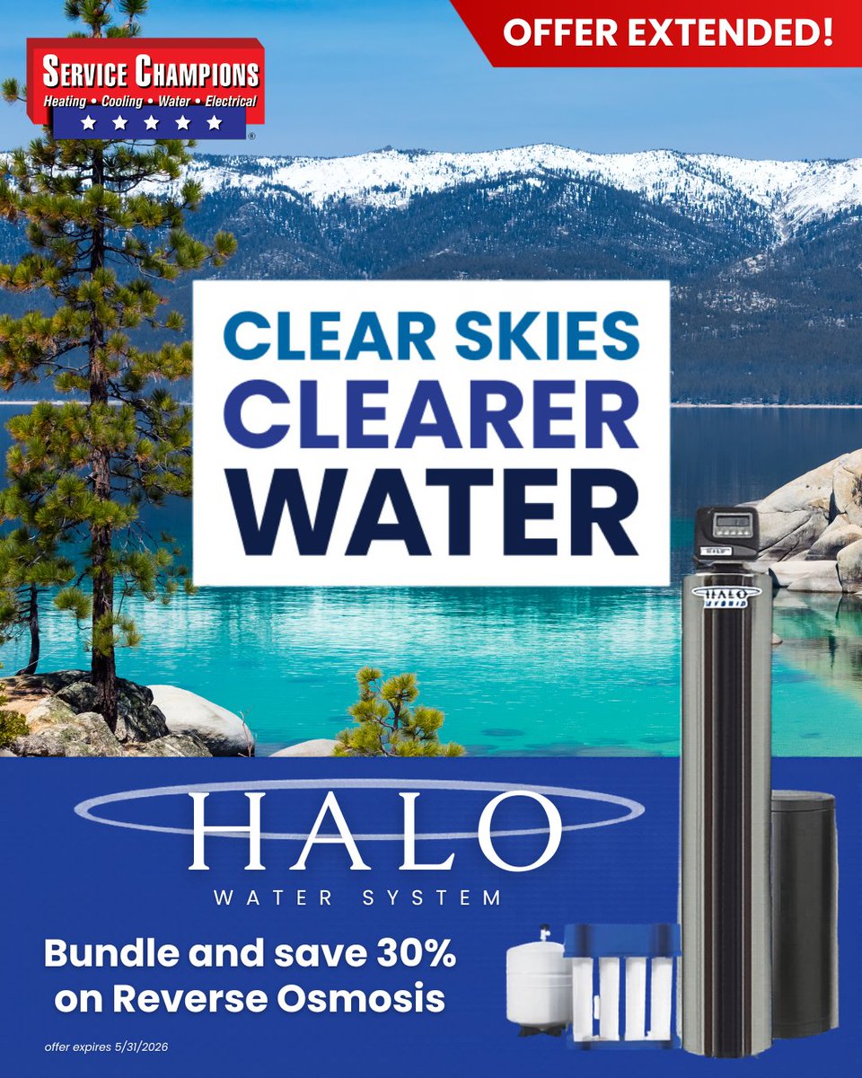 ServiceChampsN's tweet photo. You deserve the best drinking water. Upgrade to a HALO Hybrid whole-home water filtration system and save 30% on the Halo Ultra Plus Reverse Osmosis.

Call 800-5-CHAMPS to book your complimentary visit with one of our Comfort Advisors to learn more.

Hurry - offer ends 6/30/26 https://t.co/3QRcz4IbZV