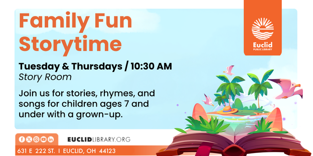 EuclidLibrary's tweet photo. Get ready for fantasy and fun in our newly renovated library! Join us for #storytime every Tuesday and Thursday at 10:30 am. Bring the kids for songs, rhymes, and stories. Just stop by every Tuesday and Thursday at 10:30 am. For children &amp; families.
#OurEuclid https://t.co/qfAdb1ReUr