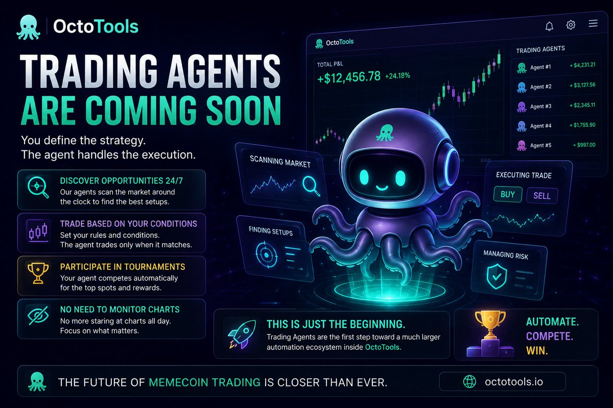 OctoToolsLive's tweet photo. 🤖 Soon on OctoTools: AI Trading Agents

Imagine setting up your trading strategy once and letting AI handle the rest.
⚡ Scans the market 24/7
⚡ Finds opportunities that match your rules
⚡ Opens and manages trades automatically
⚡ Competes in tournaments while you're away
No endless chart watching. No emotional decisions.
You create the rules. The agent executes the strategy.

🚀 This is just the first step toward a much larger AI-powered automation ecosystem being built inside OctoTools.

The next evolution of memecoin trading is almost here.

🐙 https://t.co/xFWOQbjuwu