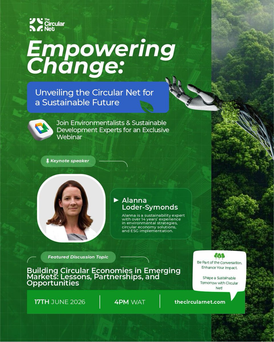 thecircularnet's tweet photo. Meet Alanna Loder-Symonds — sustainability expert, circular economy strategist, and one of our keynote speakers

Save the Date 17th June 2026. 

#TheCircularNet #CircularEconomy #SustainabilityAfrica https://t.co/0OQ6Eyi9j8
