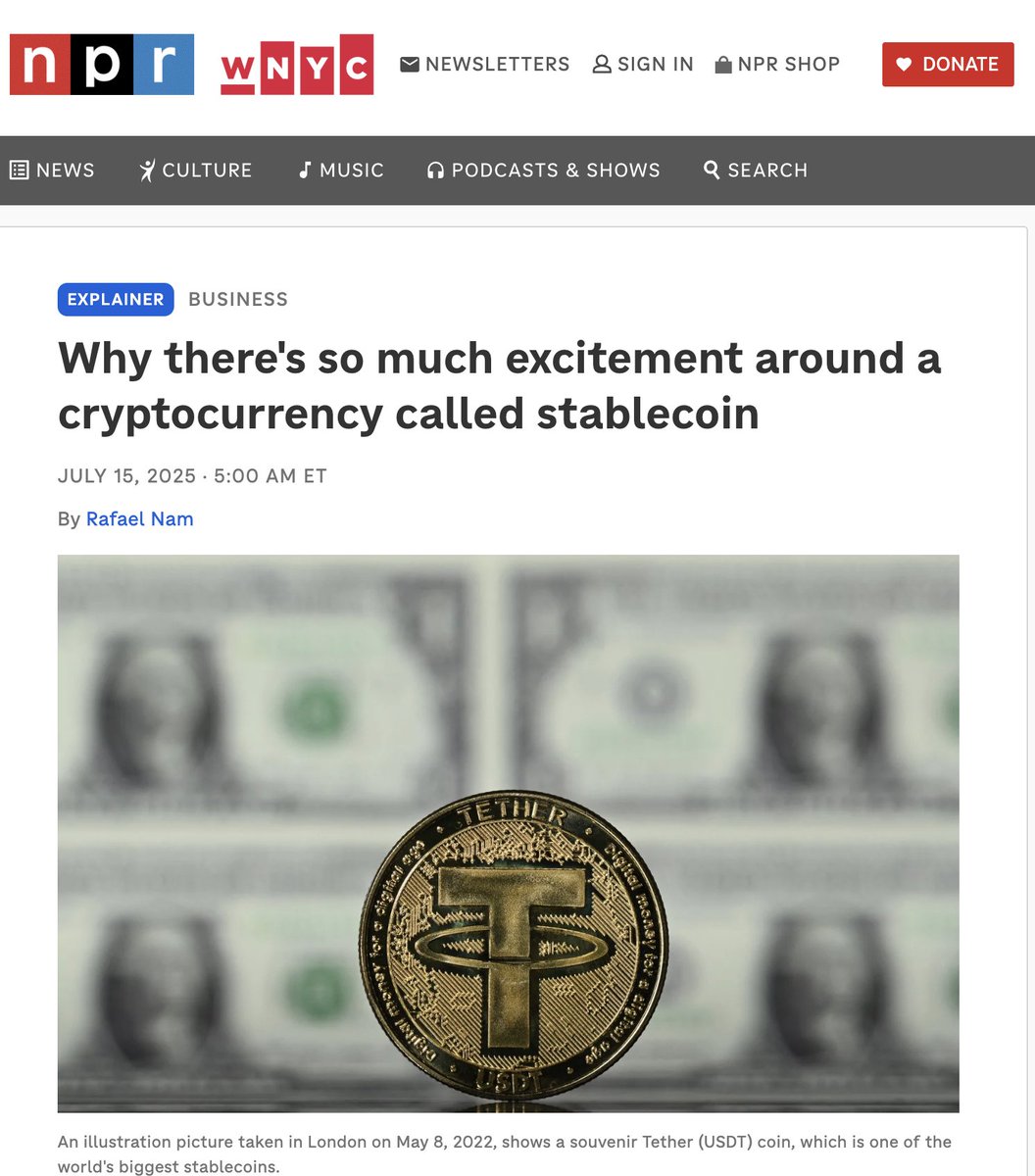 jprichardson's tweet photo. A ~year ago NPR published "Why there's so much excitement around a cryptocurrency called stablecoin."

Stablecoins were still seen as an edge case. A "new" technology to the mainstream.

Today Stripe, Visa, and Mastercard are building a joint stablecoin platform. Visa is settling $7B a year in stablecoin volume. 

The largest payment networks on earth are rebuilding around stablecoins. The difference a year can make.