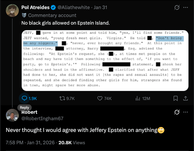 bad_repub's tweet photo. @RobertIngham67 Agreeing with Epstein on what race of kids you want to rape isn't the flex you think it is.

Cops should be looking at your hard drives. https://t.co/7sLKF6wkJL