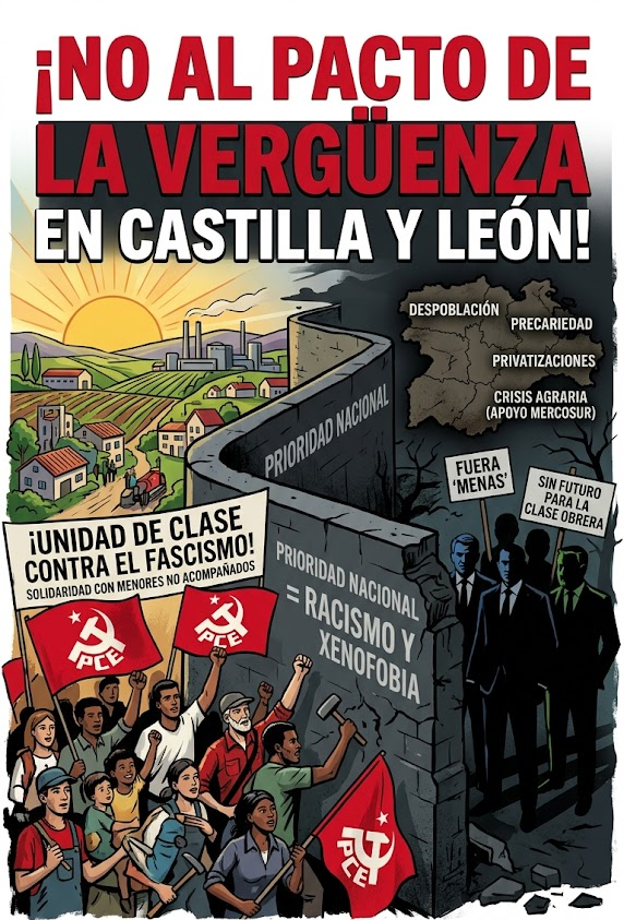 pcevalladolid's tweet photo. 🔴 El PCE rechaza frontalmente el pacto de la vergüenza entre PP y Vox en Castilla y León. Un acuerdo reaccionario que disfraza el racismo de "prioridad nacional" y vende los derechos de la clase trabajadora.

Abrimos hilo 👇 Abriendo los ojos frente al fascismo. https://t.co/uKzGSsIcG1