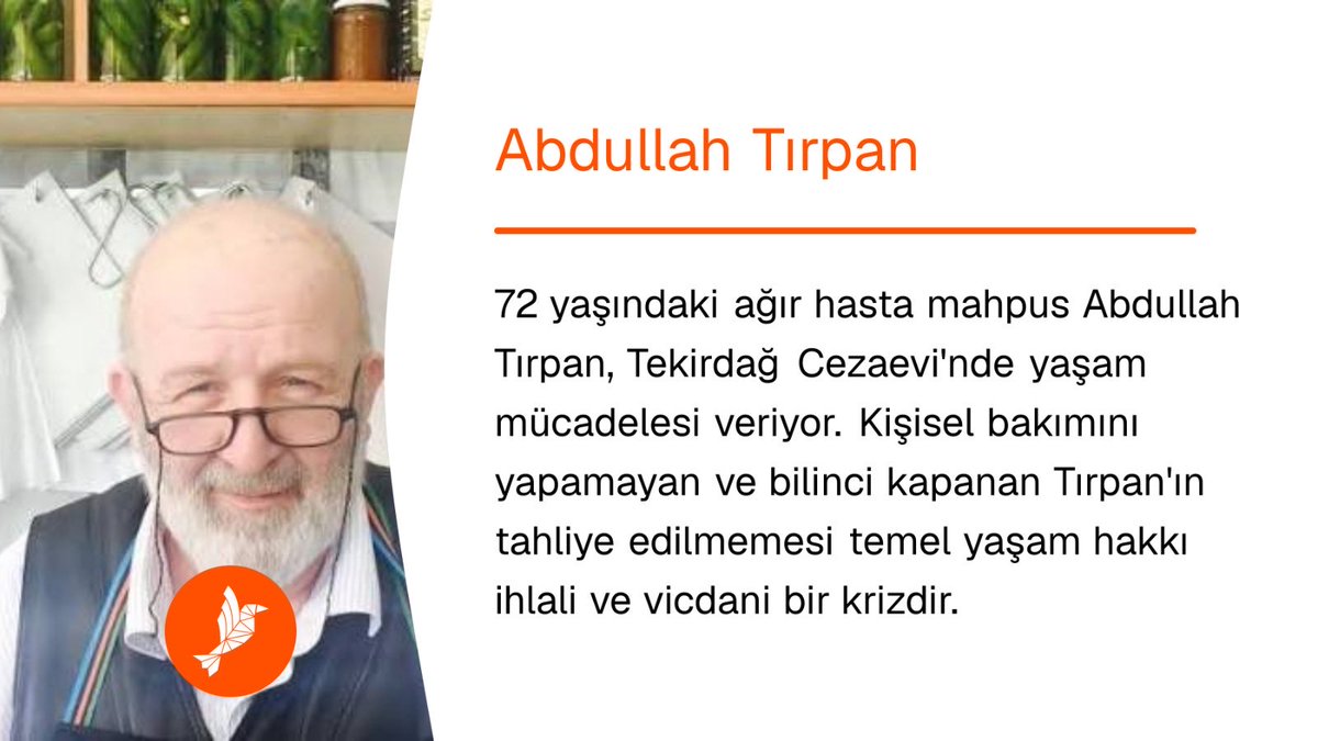 Semaa_b2's tweet photo. 26 Şubat 2025’ten bu yana tutuklu bulunan 72 yaşındaki Abdullah Turpan, 3 Kasım’da bilincini kaybedecek kadar ağır bir sağlık krizi geçirdi. İleri yaşı ve ciddi sağlık sorunlarına rağmen hâlâ cezaevinde tutuluyor.

İnsani ve vicdani bir karar bekliyoruz.

AbdullahDede Tahliye https://t.co/OCpjn7aNSb