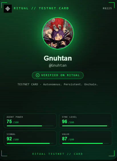 Gnuhtan's tweet photo. One thing that makes testnets interesting is not just the network itself, but the small experiments people start building around it.

Starting a small series reviewing dapps on the Ritual testnet, and the first one worth mentioning is Ritual Testnet Card by maharshi_17904.

The concept is straightforward: add your X handle, generate a Ritual-style onchain identity card, and mint it directly on the Ritual testnet as an NFT.

What stood out the most is how simple the whole flow feels. No complicated setup, no endless instructions, no spending twenty minutes figuring out where to click next. You open the app, connect, create the card, mint it, and that’s basically it.

It feels more like testing an actual product rather than completing another generic testnet task.

Curious how many people here already minted their Ritual Testnet Card?