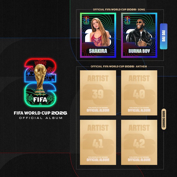 WingsofSpringT's tweet photo. La FIFA reveló su team para el soundtrack del mundial, excepto por la última imagen donde casualmente aparece solamente Shakira y Burna Boy.... será que más adelante anuncian canción de BTS?? Faltan ellos y Madonna y al parecer dos artistas más, BTS sería un lamina como el Panini 👀

Manifestemos canción de BTS para el mundial 🕯️🕯️

Cr. Aqc
