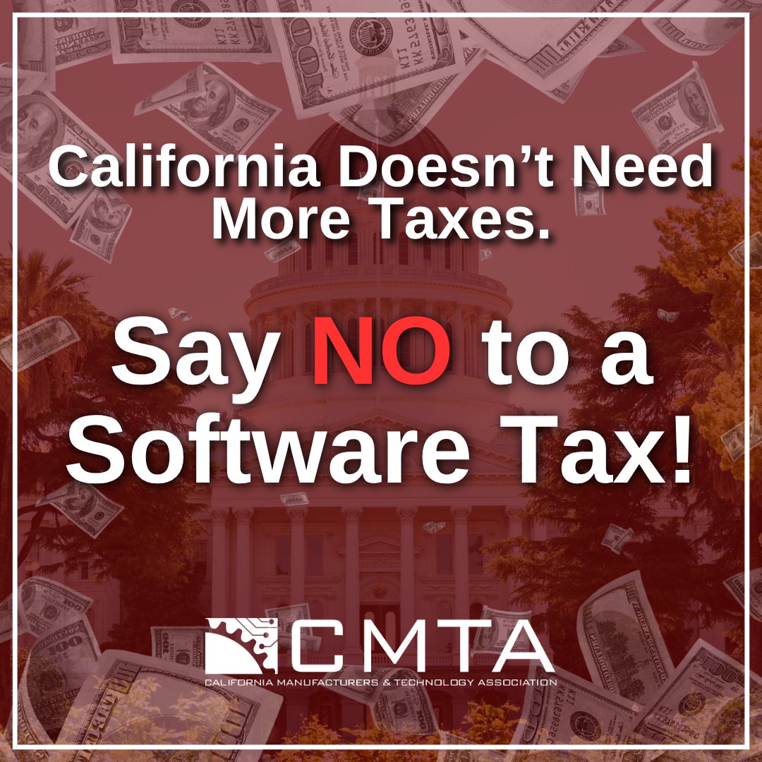 cmta's tweet photo. 🚨California lawmakers are considering a new tax on Software as a Service! That means higher costs for the software California manufacturers use every day.

From payroll systems and compliance tools to Microsoft 365 and Adobe products, these platforms are essential to modern manufacturing operations, business activity, and everyday use by Californians.

At a time when affordability should be the priority, California should not raise costs for the digital tools businesses rely on.

Higher costs for manufacturers ultimately mean higher costs for Californians. Say NO to the software tax!