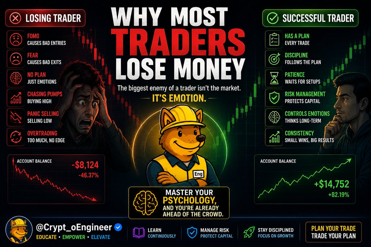 Crypt_oEngineer's tweet photo. Why Most Traders Lose Money

The biggest enemy of a trader isn't the market.

It's emotion.

FOMO causes bad entries. Fear causes bad exits.

Successful traders follow a plan. Unsuccessful traders follow their feelings.

Master your psychology, and you're already ahead of the crowd.

Are you following your plan or emotion?