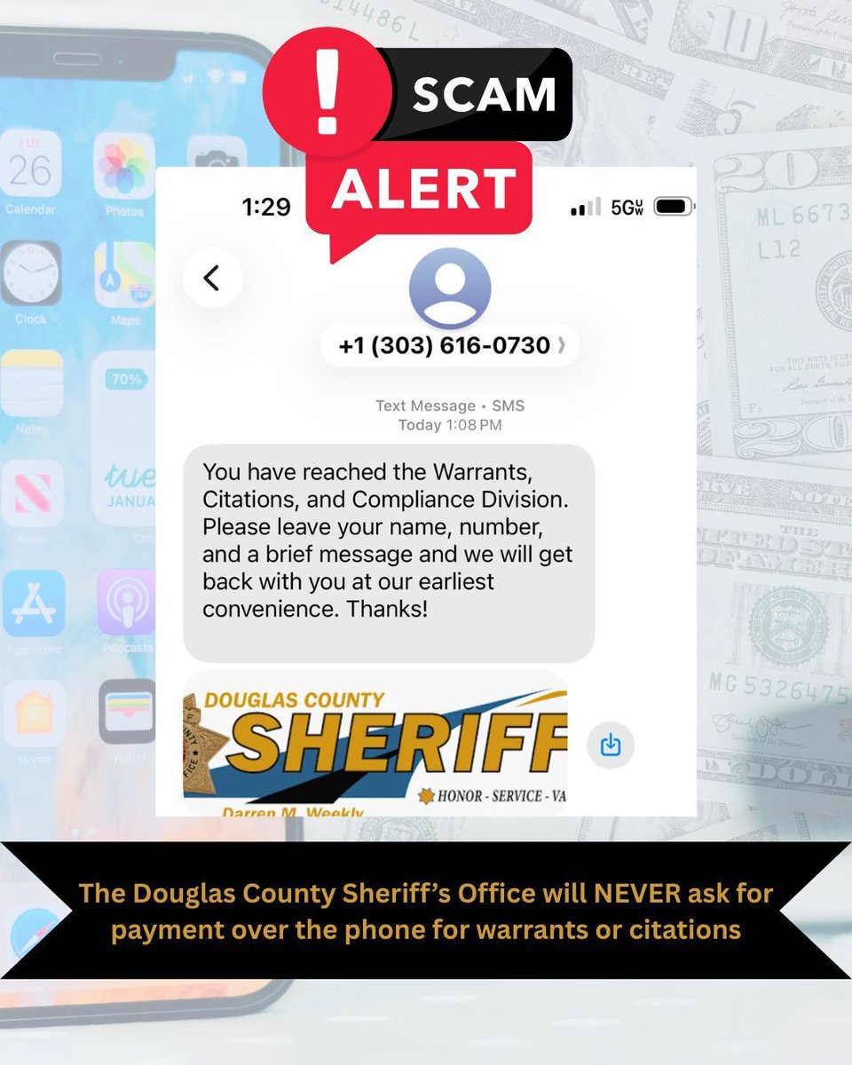 dcsheriff's tweet photo. Another day...another scam!

This is a real text message sent to one of our residents, with our real logo to make it look legit. But this is a real SCAM! (We don't even have a "Warrants, Citations, and Compliance Division"!)

Don't fall for it! Don't call them back. Don't send them money or personal information! 

Our office will NEVER call you to demand payment over the phone for outstanding warrants or citations, nor do we request personal information in this manner.