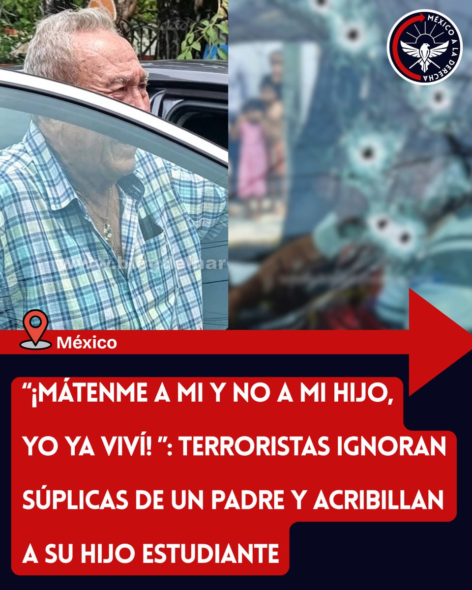 MexicoalDerecha's tweet photo. 🚨🚨🚨“¡MÁTENME A MI Y NO A MI HIJO, YO YA VIVÍ!”: TERRORISTAS IGNORAN SÚPLICAS DE UN PADRE Y ACRIBILLAN A SU HIJO ESTUDIANTE
👇👇👇

Que indignante hermano.... acabaron brutalmente con la vida de su hijo en frente de él.

Un grupo de terroristas persiguió y acribilló a Edgar Palma, un joven estudiante y abogado, mientras iba llegando a casa con su papá en Quintana Roo.

Los sicarios persiguieron a las víctimas y, al atraparlos, el padre suplicó que lo mataran a él, en vez de a su hijo.

Fue ignorado.

Y los terroristas concentraron una ráfaga de fuego sobre el joven, asesinándolo al instante.

Hasta el momento no hay detenidos y la indignación crece en Playa de Carmen, Quintana Roo, ante la ola de violencia que el gobierno de Sheinbaum permite operar porque los criminales "tienen familia" y "hay que atender las causas".

Lamentable pérdida.