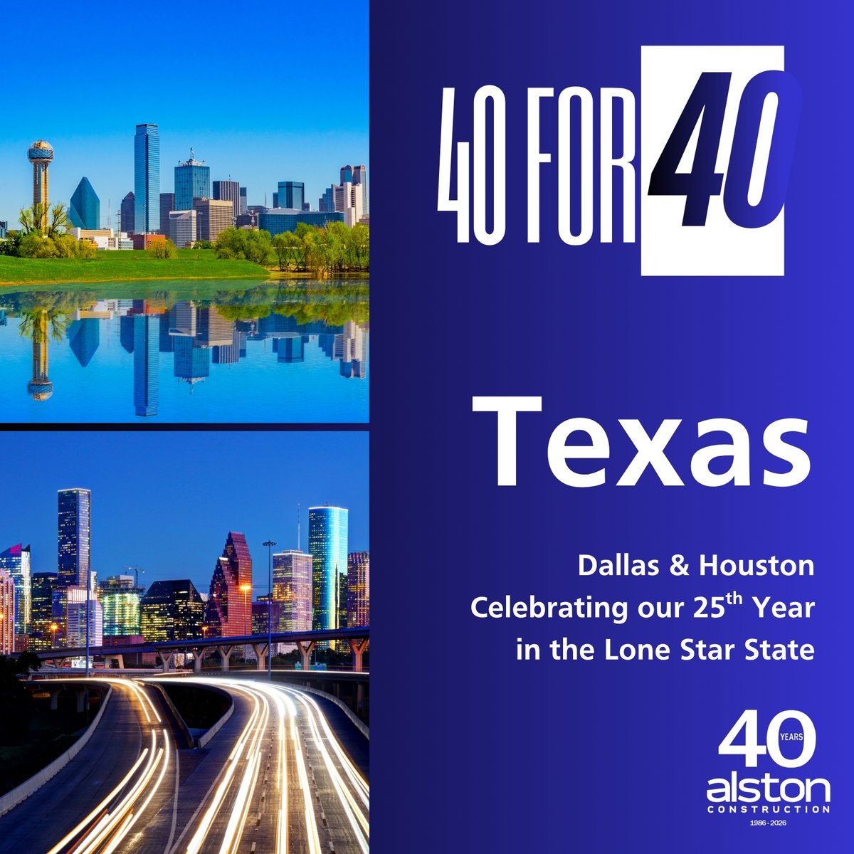 alstonconstruct's tweet photo. Celebrating 40 years nationwide and 25 years building in Texas. From Dallas to Houston, our 79-person team makes it happen. #40for40 #BuildTX https://t.co/i3M8QtaGHv