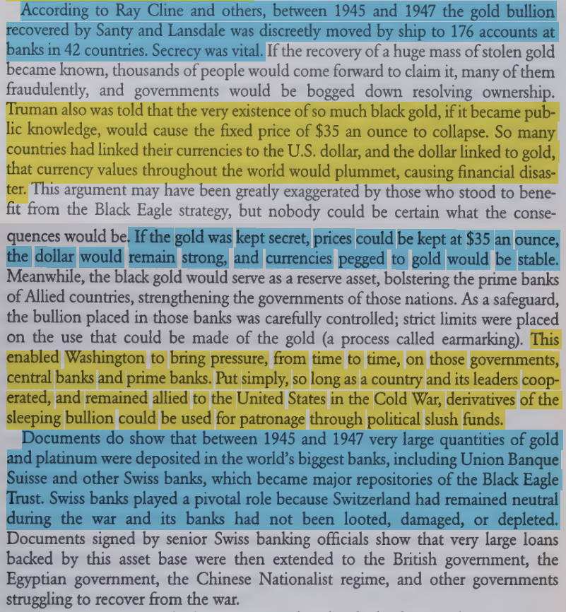 toxictiramisu's tweet photo. After WWII, US Intel secretly recovered billions in Japanese/Nazi loot &amp; placed it in 176 accounts across 42 countries, under the Black Eagle trust. The gold supported the US dollar at $35/oz and funded anti-communist operations, including bribery, coups &amp; election manipulation. https://t.co/v49dpAC9sz