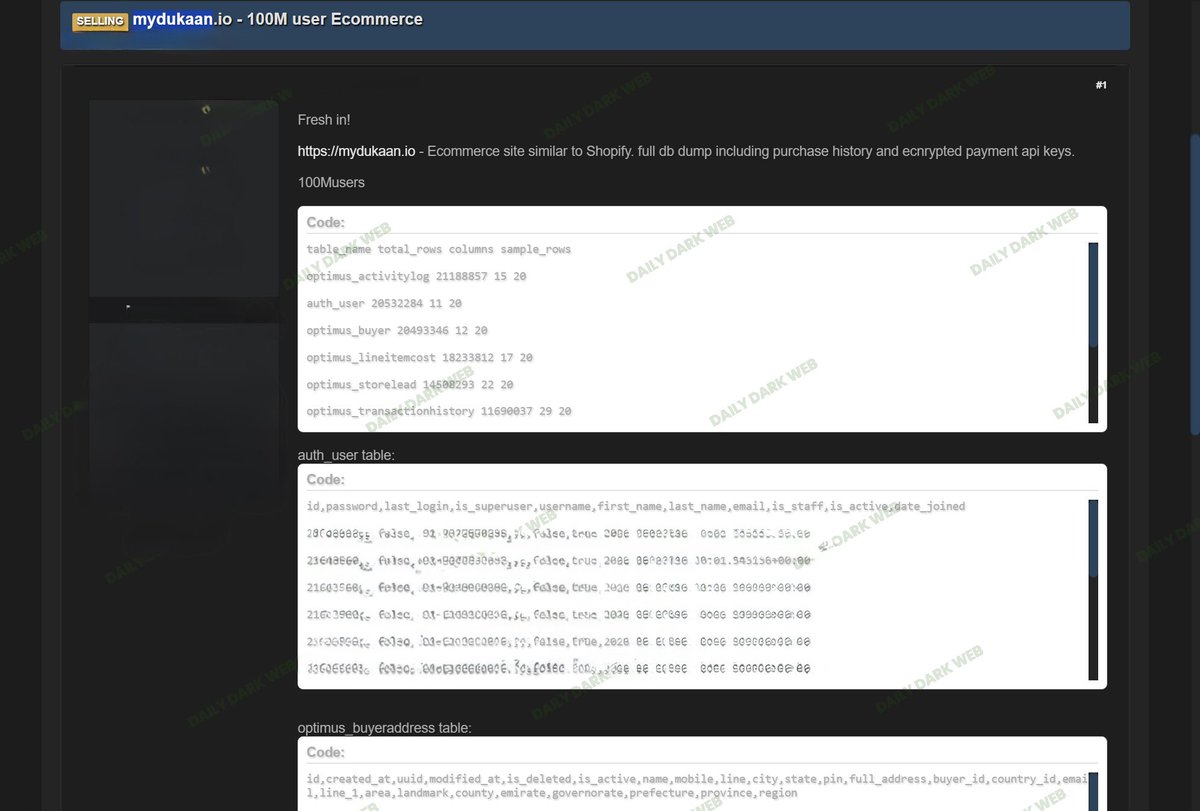 DailyDarkWeb's tweet photo. 🇮🇳 India: https://t.co/Ecz1NLNdXP Database Allegedly Offered for Sale – Claimed 100M User Records

* Threat actor claims to be selling a database belonging to https://t.co/Ecz1NLNdXP, an Indian e-commerce platform often compared to Shopify

* The post alleges exposure of approximately 100 million user records

* Claimed affected datasets include:
  * User account information
  * Buyer profiles
  * Purchase and transaction history
  * Store lead records
  * Customer address information
  * E-commerce activity logs

* The threat actor further claims the database contains:
  * Names
  * Email addresses
  * Mobile phone numbers
  * Shipping and billing addresses
  * User account metadata
  * Transaction-related information

* The listing also references encrypted payment API keys and multiple large database tables allegedly associated with platform operations

* No independent verification of the claims has been observed at the time of reporting

Analyst Note:

Large e-commerce ecosystems represent highly valuable targets because they aggregate customer identities, transaction histories, merchant information, and operational data in a single environment. If verified, a breach of this scale could expose consumers and merchants to credential attacks, phishing campaigns, business fraud, and account takeover attempts. The mention of transaction history and platform-related API assets may further increase the potential impact beyond a typical customer database exposure.

#DDW #Intelligence #Dukaan #DarkWeb