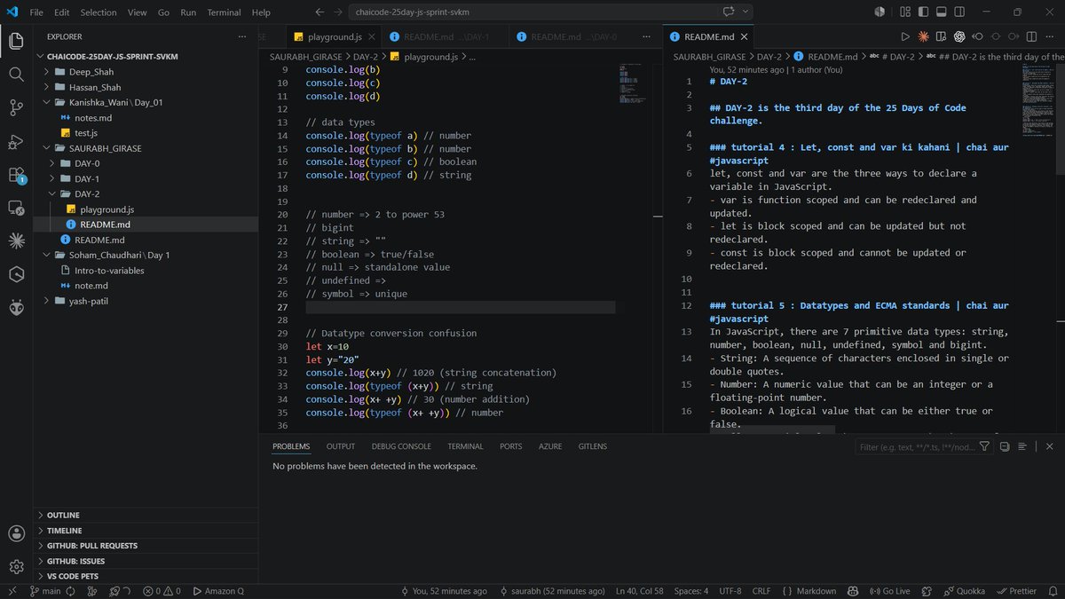 SAURABH15RAJPUT's tweet photo. Day 2 
learned JavaScript fundamentals: Variables, Data Types, typeof, Hoisting, Temporal Dead Zone (TDZ), Execution Context Phases, and basic output methods.
#svkmaurchai #Day2 #ChaiCode #ChaiCodeSVKM2025 #ChaiAurSVKM2025 #JavaScript #25DaysOfCode https://t.co/A69IqHivAm