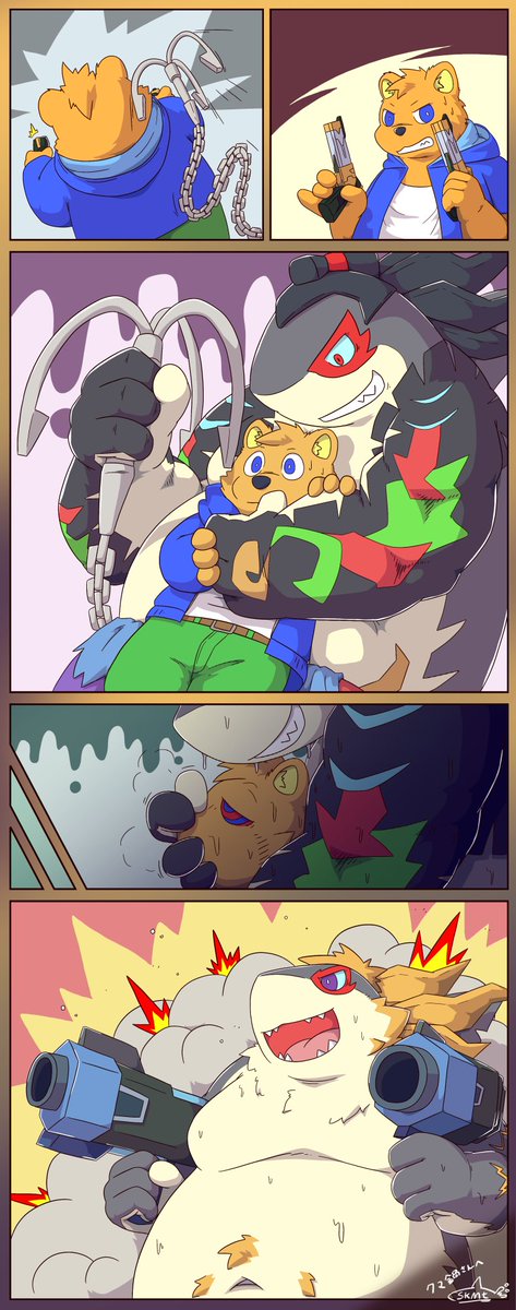 shachi_ojisan's tweet photo. 本日の配信で描いた絵はこちら！「白鮫に捕まって同族TFさせられるクマ鍋さん」です♡　おじさん、フ、フックキャラ……すき……♡
お題くださったクマ鍋さん、ありがとうございました！ https://t.co/pNJpJbnhtZ