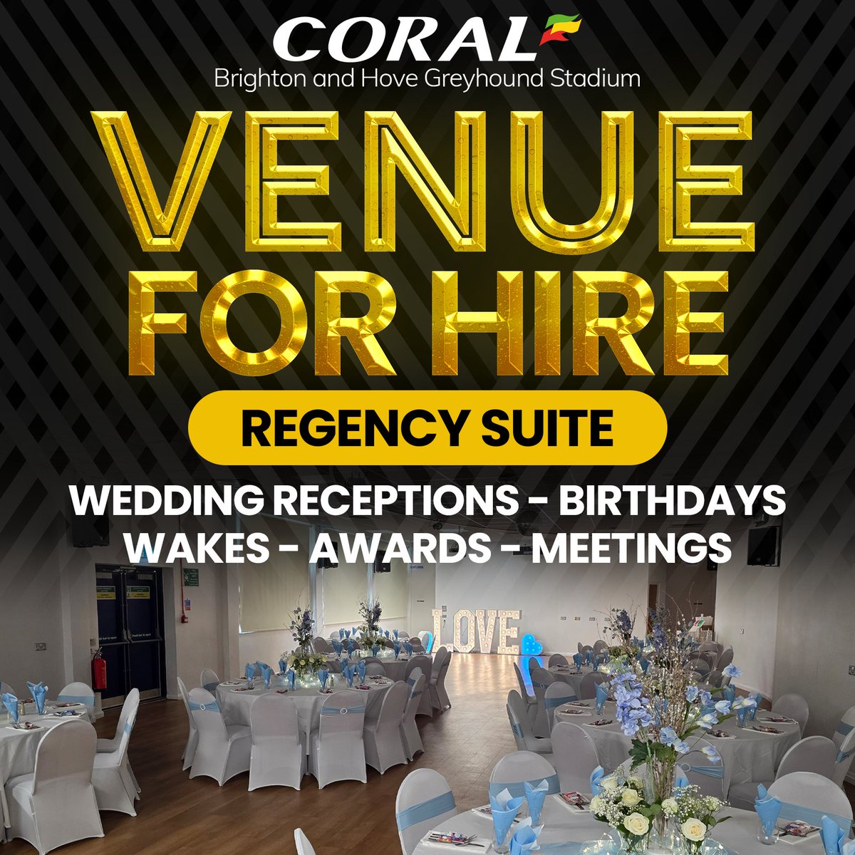 HoveGreyhounds's tweet photo. We have space available for private hire throughout the week on both race and non-race days, perfect for wedding receptions, celebrations, corporate events and much more!

For more information on the Regency Suite, contact us on 👇

☎️ 01273 013334
✉️ events.hove@entaingroup.com https://t.co/3RBgwyVnsG