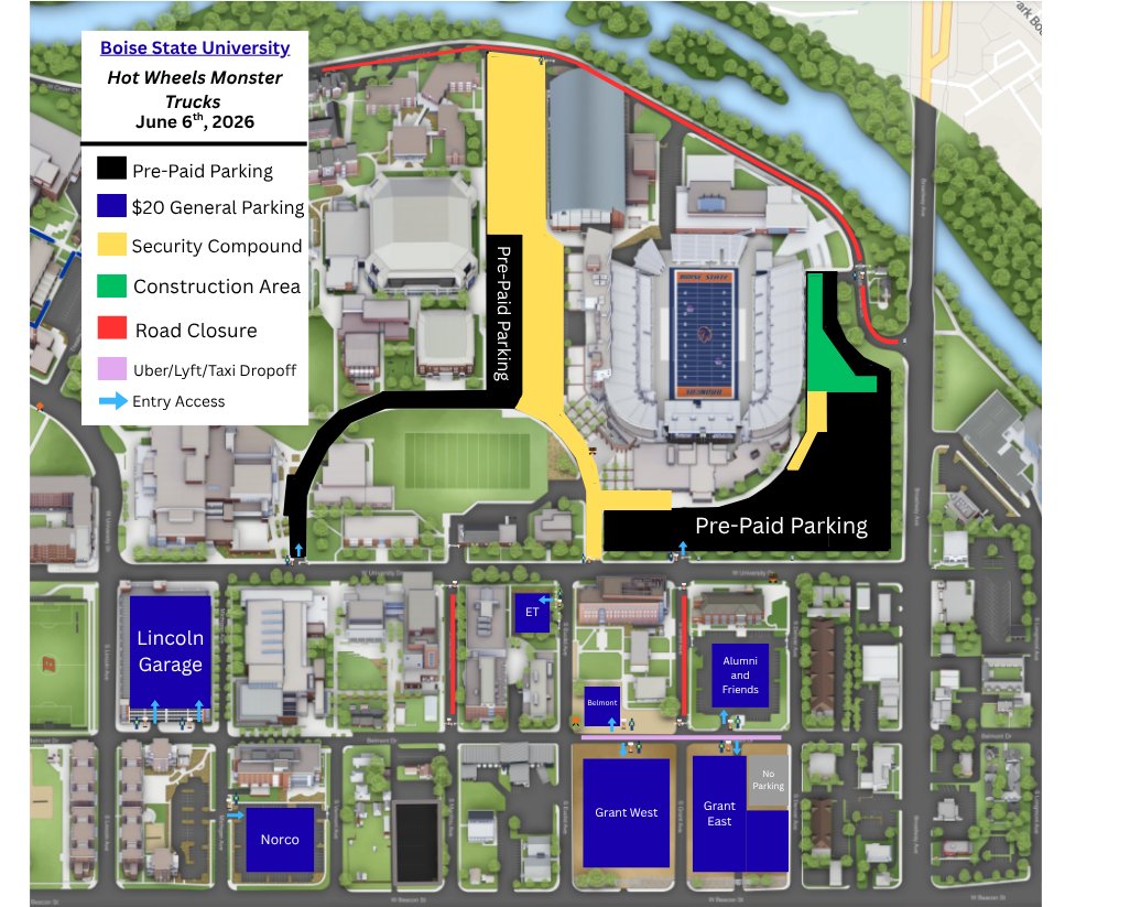 BSUPublicSafety's tweet photo. Driving your Hot Wheels to see some monster trucks later this week? Check out the info below so your parking is as 🔥 as the monster trucks!

Parking lots open at 2 p.m.
General and accessible parking is $20 per space.

ADA parking includes golf cart shuttle service to the pre-show plaza entrances (valid placard required).

You can leave your vehicle overnight, but all cars must be removed by 10 a.m. on Sunday, June 7.

🚧 Important! There is no through access for the general public on Cesar Chavez Lane!

Please follow signs and staff directions when arriving.

📍 Full parking info and map found here: https://t.co/cYC7vfcFjF

Let’s make it a safe, fun night from the moment you arrive! 💙🔥
#HotWheelsMonsterTrucks #CampusSafety #KnowBeforeYouGo