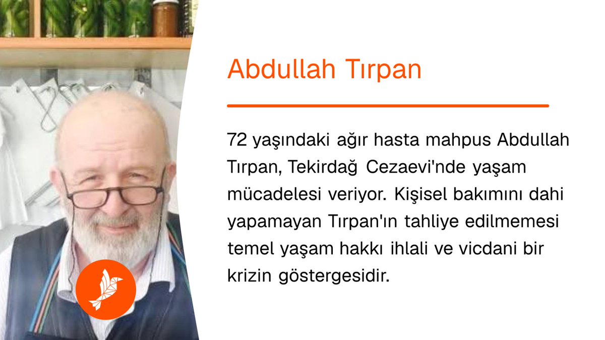 ibrahim_ataman's tweet photo. 72 yaşındaki ağır hasta mahpus Abdullah Tırpan, Tekirdağ Cezaevi'nde yaşam mücadelesi veriyor. Kişisel bakımını dahi yapamayan Tırpan'ın tahliye edilmemesi temel yaşam hakkı ihlali ve vicdani bir krizin göstergesidir.
AbdullahDede Tahliye
@NewsEchr https://t.co/URsRUnKfgq