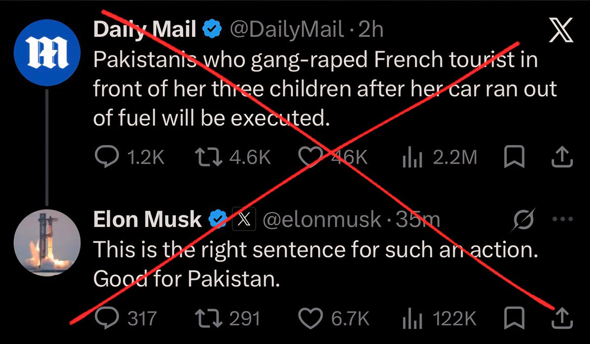 EPropoganda1's tweet photo. Fact Check: 🚨🚨

The @DailyMail has falsely claimed that the victim in the case was a French tourist who was assaulted in front of her three children in Pakistan.

The facts are different: the victim was a Pakistani citizen, not a French tourist. This misleading narrative appears to be part of a recurring pattern in which incidents from Pakistan are framed in a way that fuels negative perceptions, particularly in discussions about sexual violence.

Importantly, the crime occurred in Pakistan, and the Pakistani justice system prosecuted the case. The accused were tried by a Pakistani court and were sentenced to death.

Accurate reporting matters. Misrepresenting the victim’s identity and the facts of the case only serves to spread misinformation and distort public understanding of what actually happened.

Portraying a Pakistani woman as a French tourist is an act of journalistic dishonesty and a serious distortion of the facts. Such misrepresentation undermines public trust, spreads misinformation, and distracts from the actual circumstances of the case.