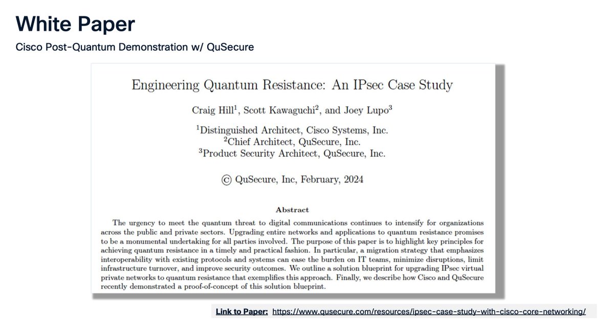 QuSecure's tweet photo. QuSecure's engineering team is proud to collaborate with Cisco on advancing critical IETF standards that support the transition to post-quantum security, work that Cisco highlighted at Cisco Live as part of its broader focus on post-quantum security and quantum-safe networking. Driving interoperability, crypto agility, and real-world implementation is essential as organizations prepare for the quantum era.

Want a deeper look at the work? Cisco presented the collaboration and standards efforts in this Cisco Live session:
https://t.co/jsnigKn5Qe
