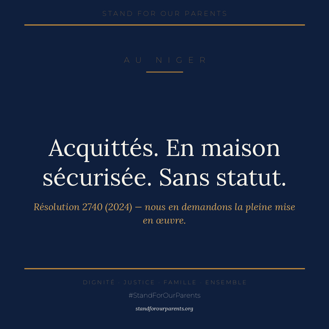 Stand4Parents's tweet photo. Au Niger, des personnes acquittées vivent en maison sécurisée.

Sans statut. Sans liberté de mouvement. Des années d'attente. Plusieurs sont mortes.

La Résolution 2740 (2024) a posé un cadre. Nous en demandons la pleine mise en œuvre.

#StandForOurParents https://t.co/Hb2kkcC0Re