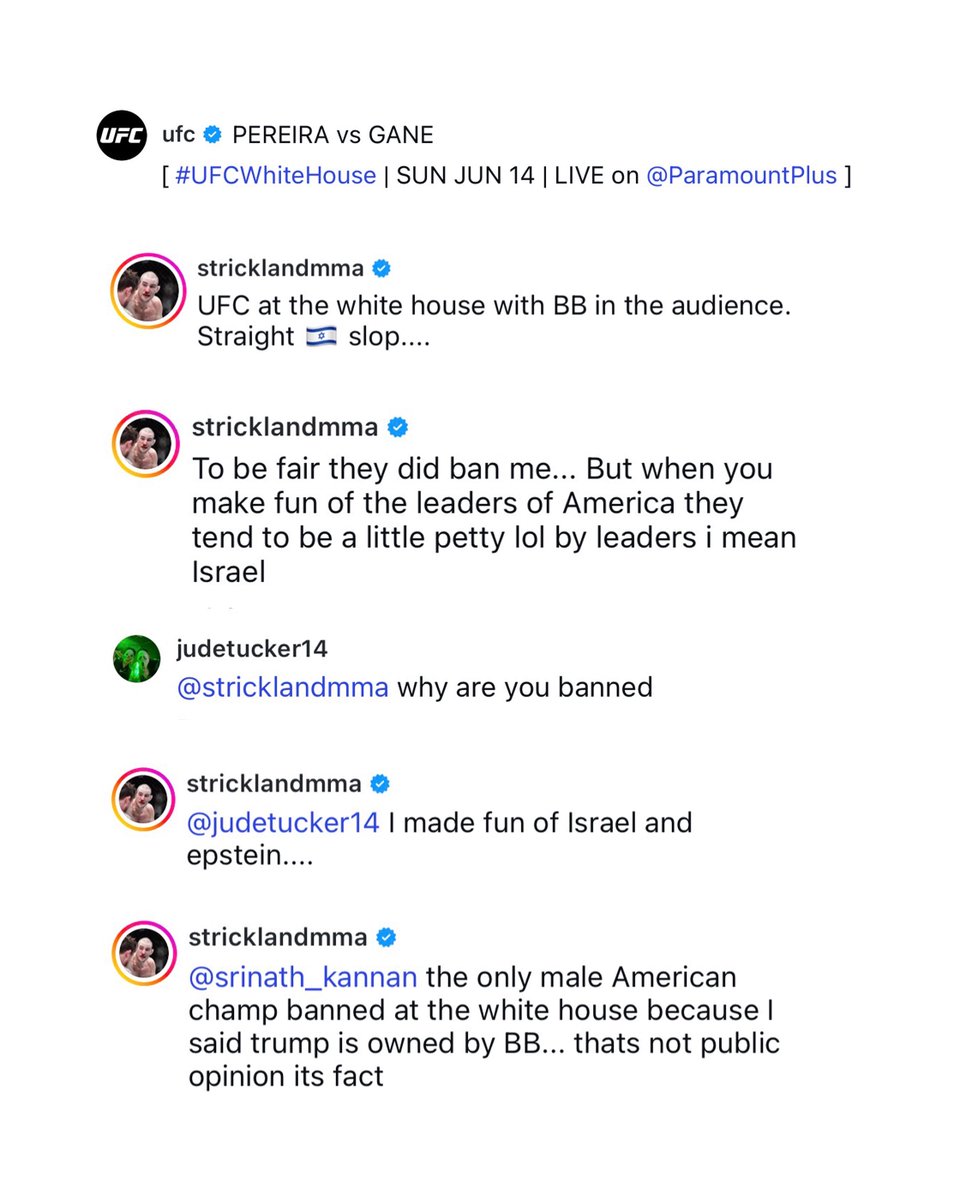 HappyPunch's tweet photo. Sean Strickland says he’s BANNED from attending the UFC White House event 😬

“I made fun of Israel and Epstein. The only male American champ banned at the White House.” https://t.co/gdF2bFD6Bt