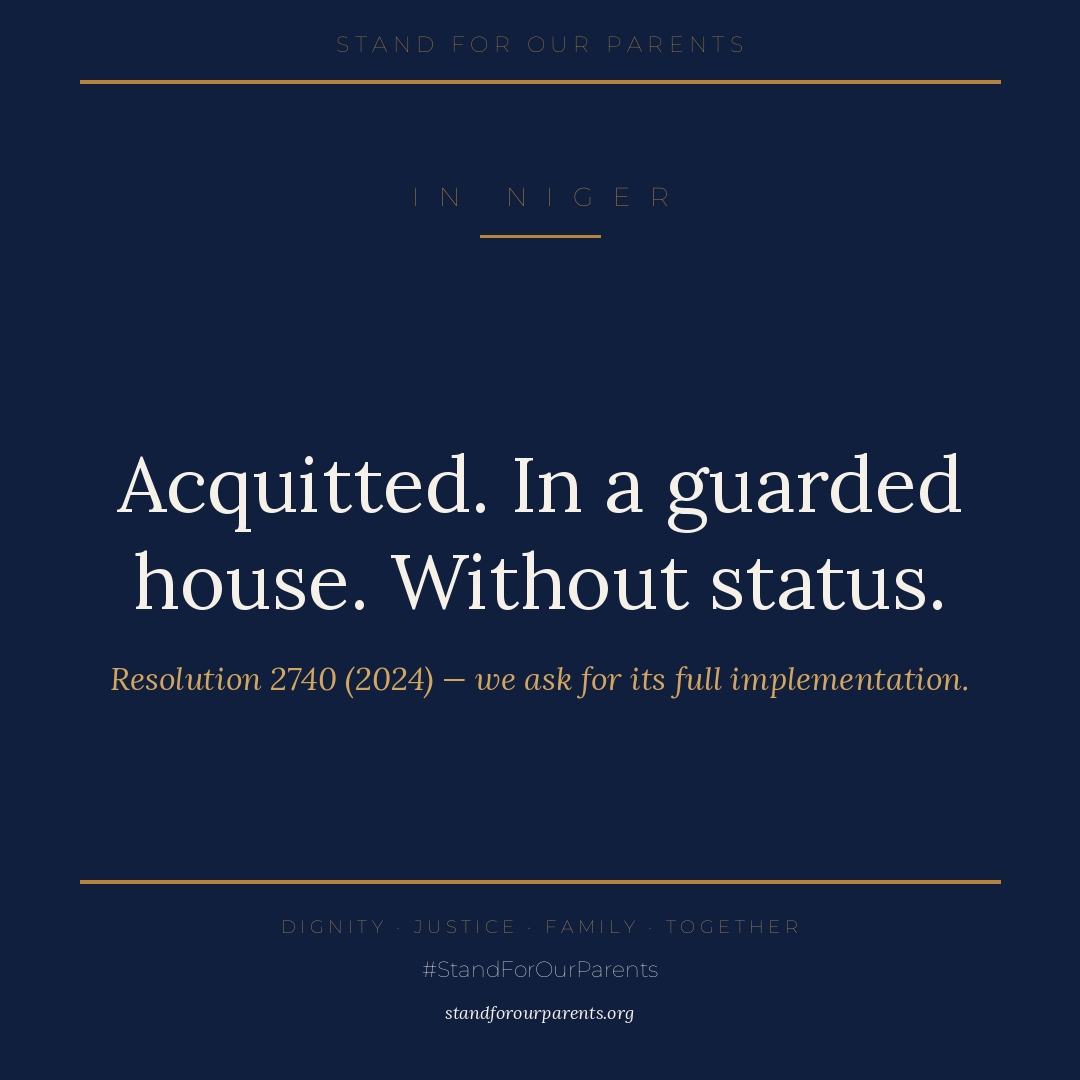 Stand4Parents's tweet photo. In Niger, persons acquitted by international justice live in a guarded house.

No status. No real freedom of movement. Years of waiting. Several have died.

UN Resolution 2740 (2024) set out a framework. We ask for its full implementation.

#StandForOurParents https://t.co/gSrKzoWgOs