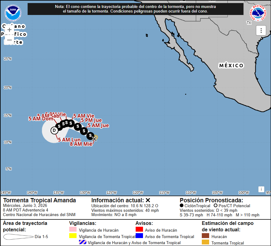 stmsin's tweet photo. El Pacífico ya se activó, y va por más 🌀

Amanda se desarrolló, muy lejos de México. Únicamente se espera sea una tormenta tropical.

Sin embargo, el NHC tiene dos zonas de sospechas frente a costas de México y Centroamérica, donde podrían generarse dos bajas presiónes entre domingo y miércoles.

La primera con 50% de prob. de desarrollo a 7 días, la segunda con 30%. Ambas con posible desplazamiento hacia el norte - noroeste.