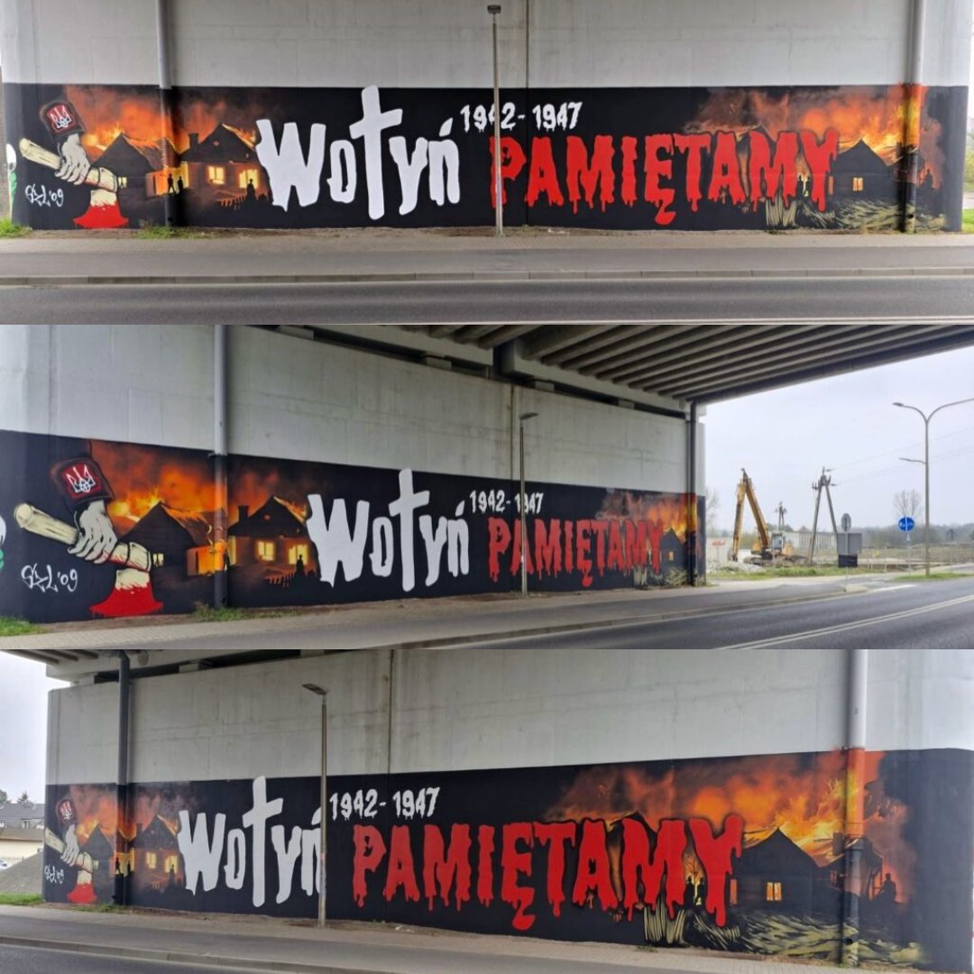 krzych_l's tweet photo. W Lubinie nie brakuje patriotycznych murali. 
Jeden z nowszych. Wołyń Pamiętamy. Mural poświęcony ofiarom Rzezi Wołyńskiej. Graf został zaprojektowany i sfinansowany przez grupę Stare Zagłębie Lubin. https://t.co/0zVU8HIZzQ