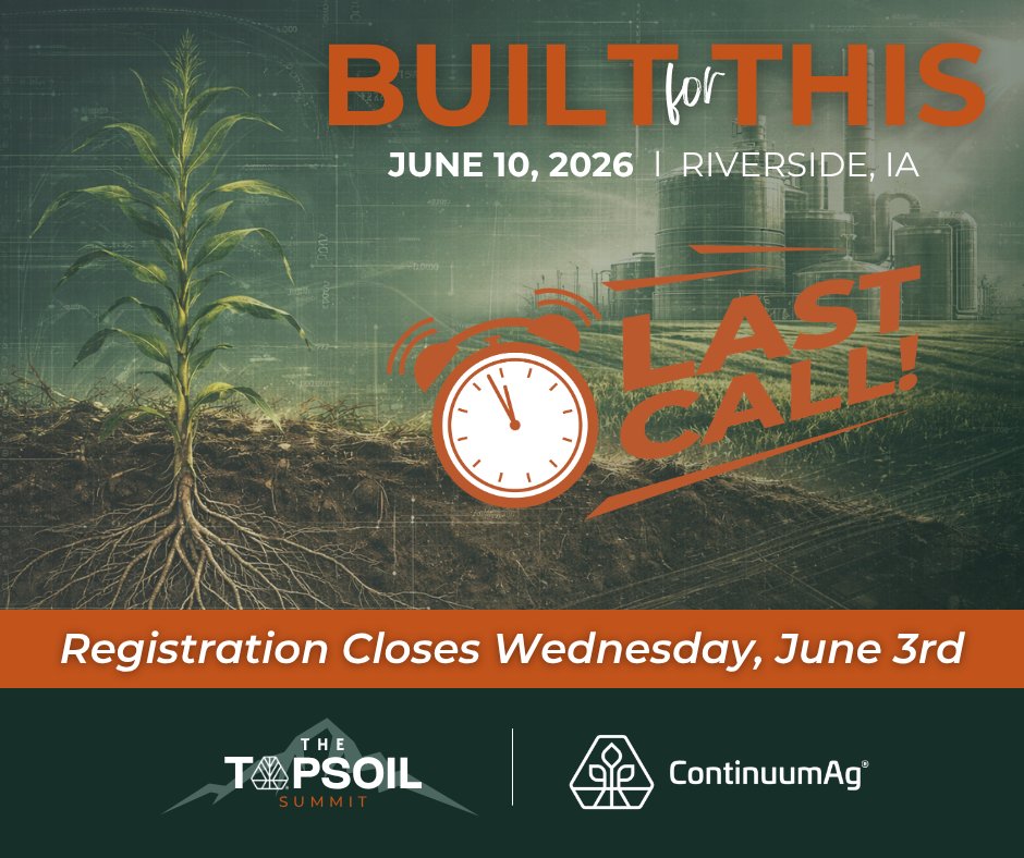 Continuum_Ag's tweet photo. Registration closes today. Get registered before it's too late!
https://t.co/FHJ0Yn6oYg
TopSoil Summit
๐Wednesday, June 10 from 8 AM - 4:30 PM
๐Riverside Casino & Golf Resort
#TopSoilSummit #BuiltForThis #45z https://t.co/u07sMQ1ker