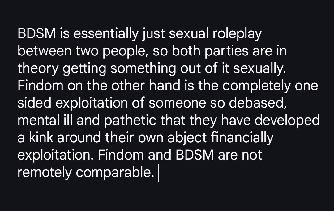 TimTim1254's tweet photo. @Gaarasbbl @lttwrds Both are kinks at the end of the day that people sign up to but findom is WAY more extreme, exploitative, and indicative of mental illness for the "sub". https://t.co/BTBa6ATIXP