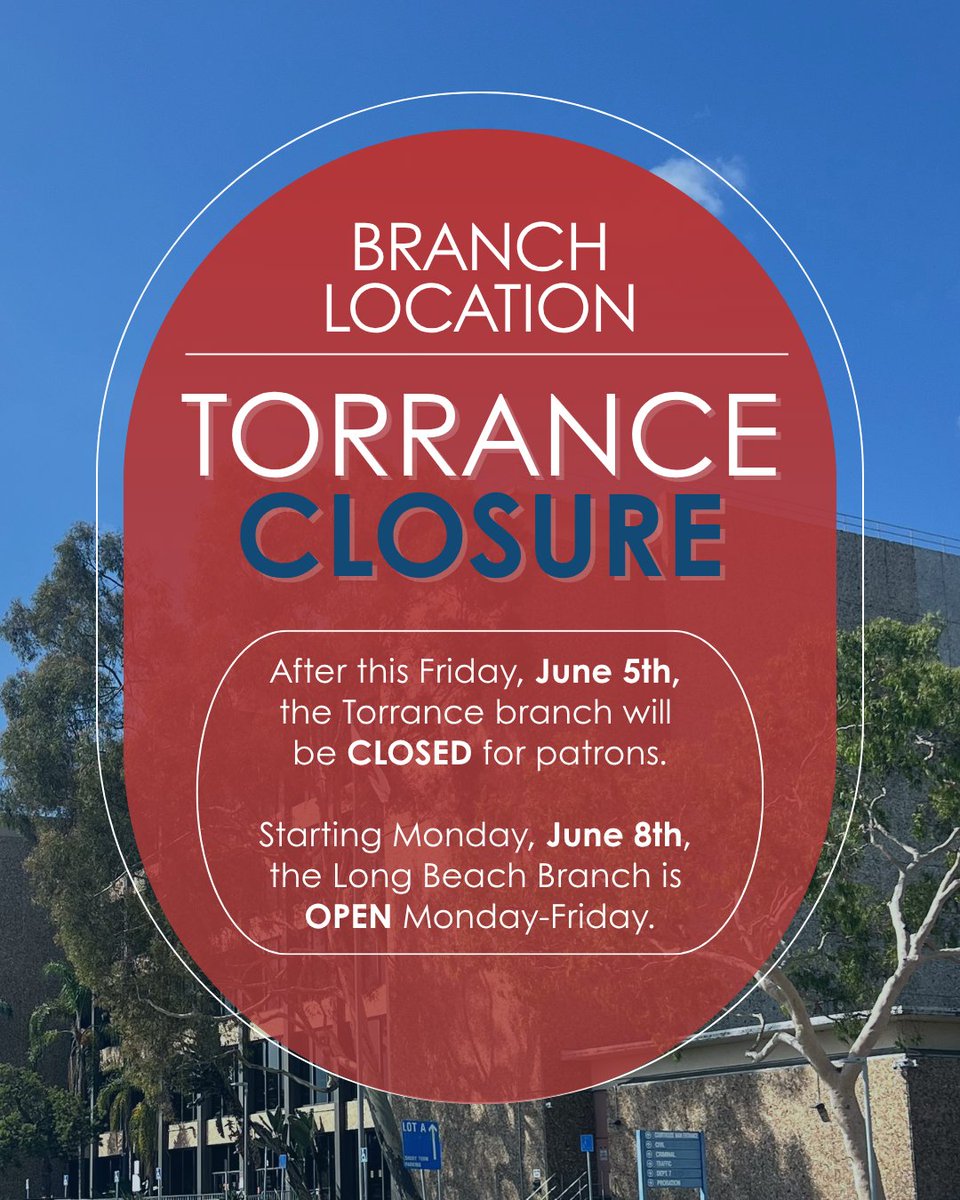 LALAWLIBRARY's tweet photo. 📣 After this Friday, June 5th, the Torrance branch will be CLOSED for patrons.

❗ Starting Monday, June 8th, the Long Beach Branch is OPEN Monday-Friday. https://t.co/Sd2AXr8ust