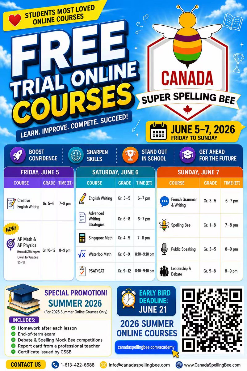 canada_bee's tweet photo. FREE Trial Online Courses on June 5–7

👉 Reserve the seat:
https://t.co/OSyY91Hm4c

Canada Super Spelling Bee
📞 Phone: 1-613-422-6688
📧 Email: Info@canadaspellingbee.com
🌐 Website: https://t.co/BxyMlQXjFZ https://t.co/Bdz0Ufjp5U