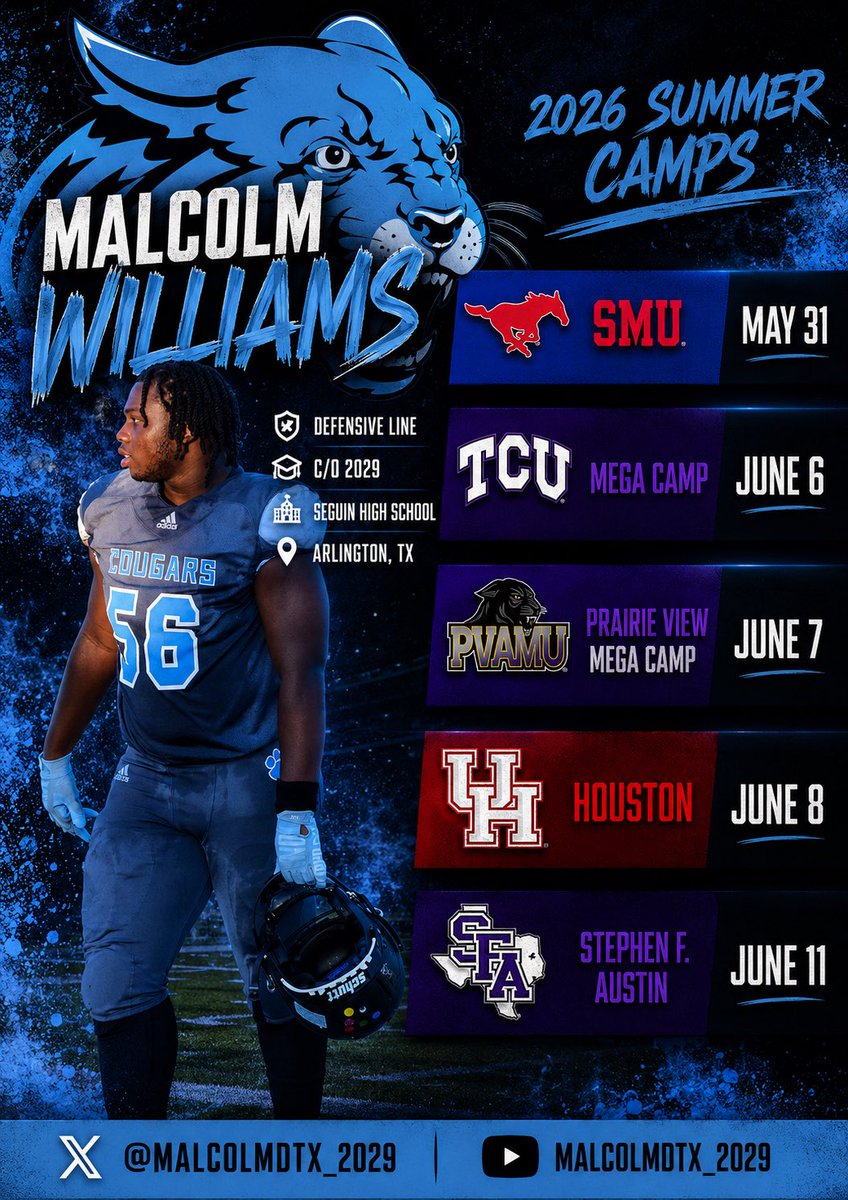 MalcolmDTX_2029's tweet photo. Camp season is here!!! Looking forward to working and learning new things! @TCUFootball @pvamufb_ @SFA_Football @UHCougarFB @SeguinCougarFB @coachjoegordon https://t.co/LOxDEGD6X0