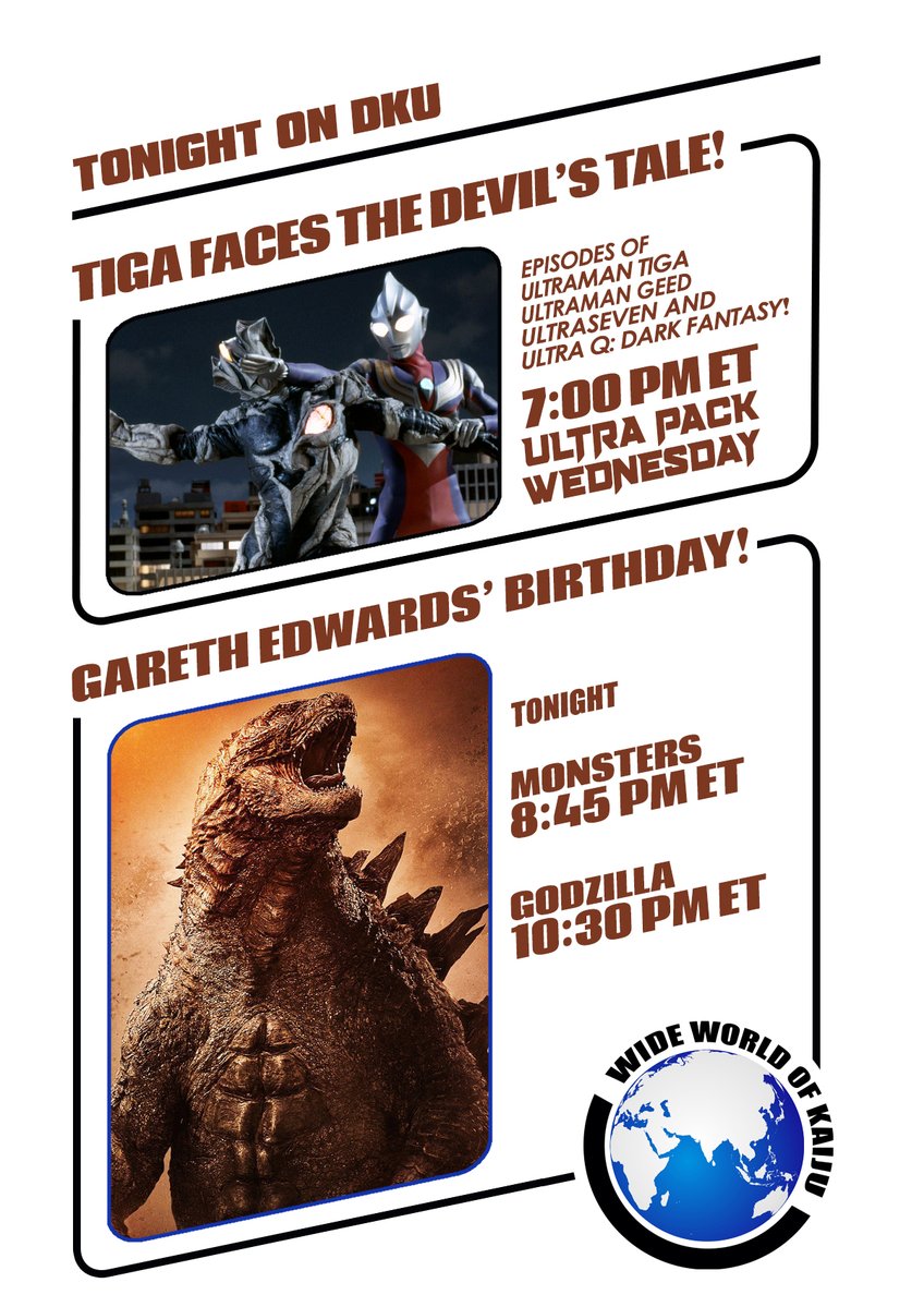 DKUTV's tweet photo. Coming up on @DKUTV, it’s a devil’s tale for Tiga on tonight’s Ultra Pack Wednesday at 7 pm ET, along with episodes of Geed, Ultraseven and Dark Fantasy! And on Wide World of Kaiju, we celebrate Gareth Edwards’ birthday with his first two monster films. https://t.co/xH7oVt5LAo