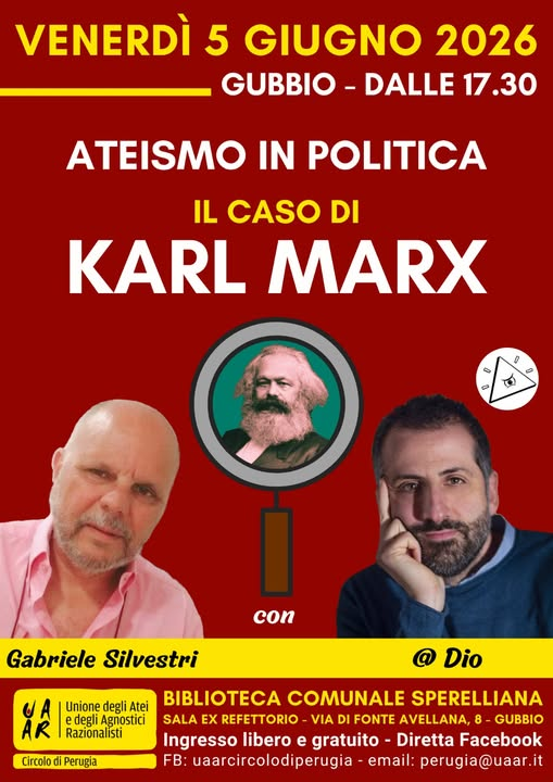Dio's tweet photo. Venerdì non prendete impegni: ci vediamo a Gubbio con quegli atei maledetti della @UAAR Circolo di Perugia, e parleremo di Karl Marx, che come sapete mi è rimasto proprio qui sul groppone, e mi devo sfogare.

Ore 17:30
Biblioteca Comunale Sperelliana
Gubbio (PG) https://t.co/Ccy6G6gVkh