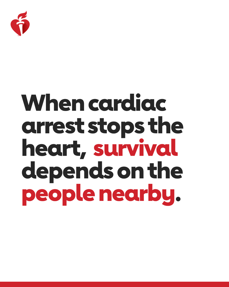 American_Heart's tweet photo. Cardiac arrest can happen anywhere. When someone close by steps in, survival chances can double or even triple.  

You don’t need medical training to save a life with CPR. You need knowledge, courage and willingness to act.  The power is in your hands. #NationOfLifesavers #CPRweek