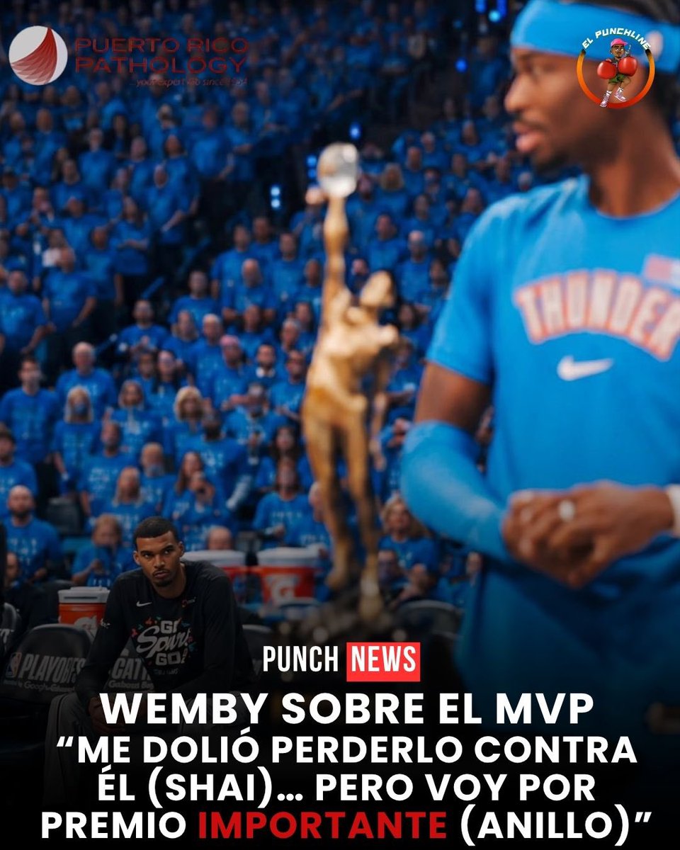 ElPunchline's tweet photo. Wemby perdió el MVP, pero no perdió el enfoque.

“Se lo dieron a Shai, pero en la cancha hablamos otro idioma.”

Ahora va por el único premio que silencia cualquier debate: el campeonato. 👽🏆🔥

¿Quien gana?

 Puerto Rico pathology 70 años al servicio del país 🇵🇷 https://t.co/f5JIZRnrDG