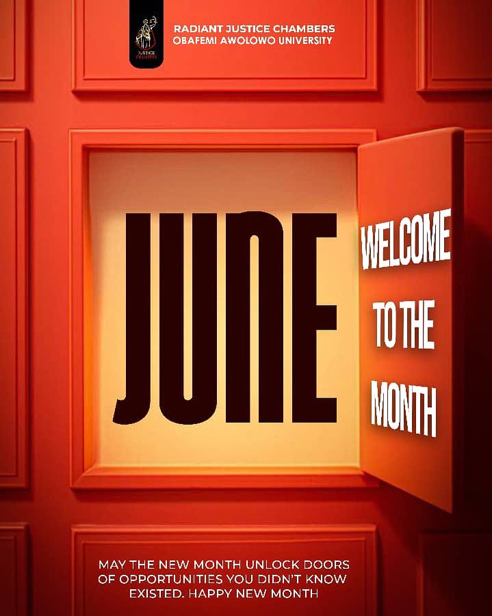 JusticeOau's tweet photo. WELCOME TO JUNE!🤩

May June bring clarity, favor, and remarkable achievements to every member of Radiant Justice Chambers.🥂🤍 https://t.co/i2fxdMlxT3