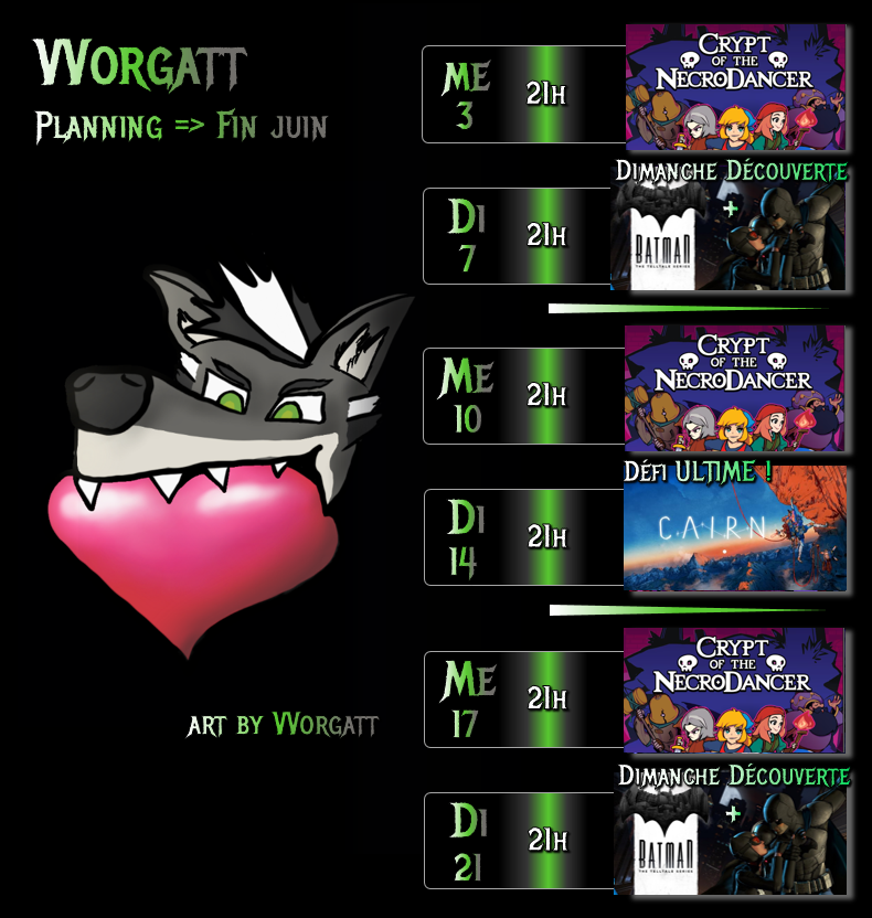 vvorgatt's tweet photo. Planning =>  fin Juin 
Mecredis  21h: Aventure rythmée dans la crypte du Necrodancer !  ✨🕺
Dimanches 21h : Batman Telltales  🦇- le "film interactif" de Batman : un chapitre + découverte d'un petit jeu 🕹️
et le défi ultime de Cairn ! 😱🗻🐺 #furrystreamer https://t.co/DUVnnSDeZa