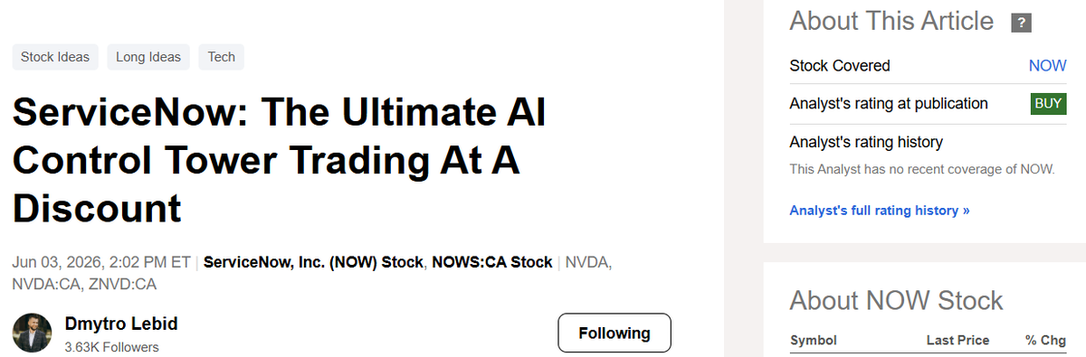 Dmytro_Lebid's tweet photo. Is ServiceNow ( $NOW ) truly the ultimate AI control tower, or is the market missing something big? While the market remains hyper-focused on picking winners in the AI hardware race, a massive mispricing is happening right in front of us in the enterprise software layer.

ServiceNow is quietly cementing itself as the ultimate AI control tower its partnership with $NVDA — the orchestrator that actually turns raw compute into enterprise ROI. Yet, despite its untouchable enterprise moat and expanding margins, the stock is currently trading at a noticeable discount.

In my latest deep dive for Seeking Alpha, I break down why the market's current valuation of NOW completely misses its true structural advantage. We examine the financials, the platform’s sticky retention rates, and why its role as the operational backbone of AI workflows makes it a high-conviction opportunity.

Are we looking at a rare entry point before the next massive leg up?

Read the full analysis below! (Link in the pinned comment)👇